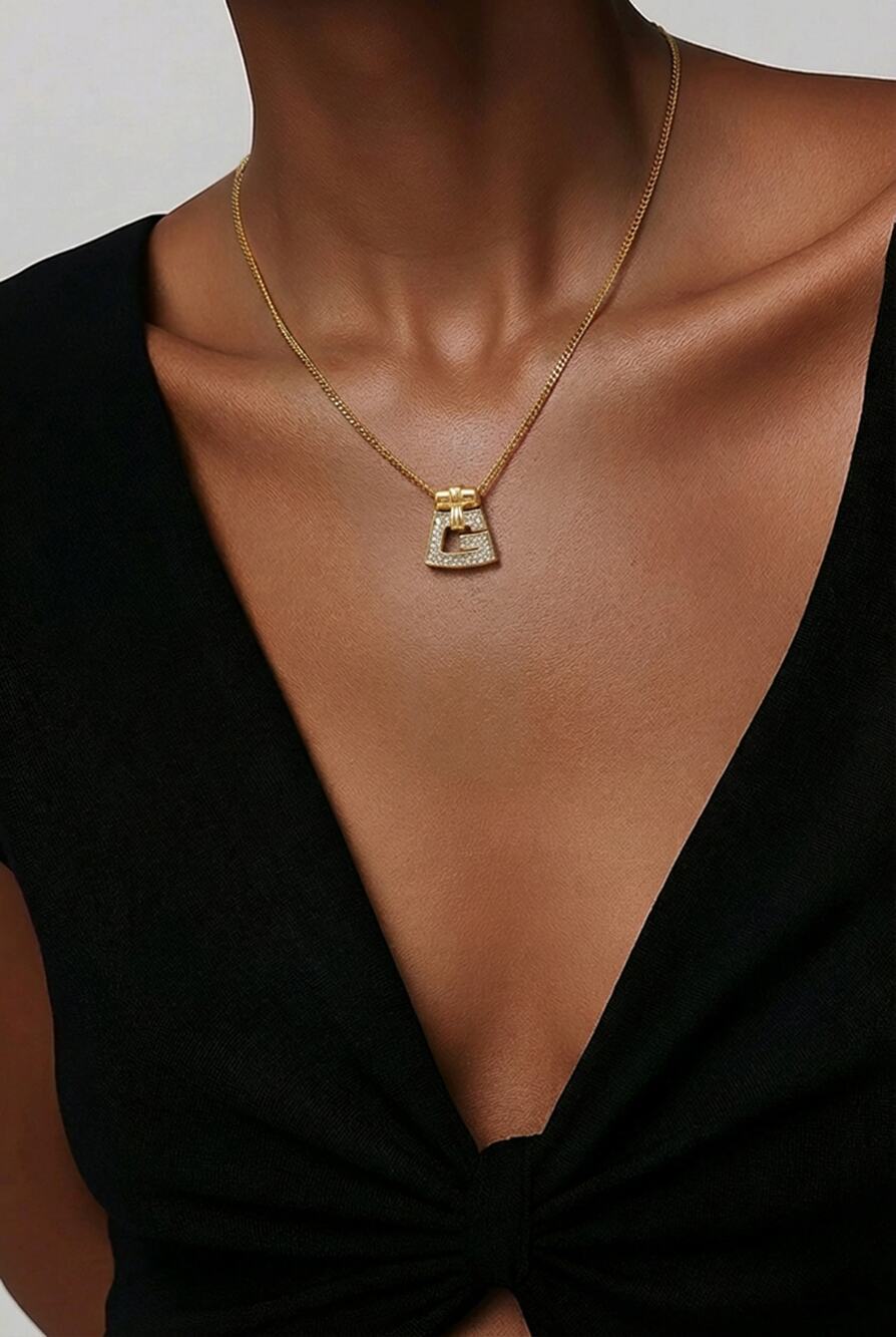 Givenchy Vintage 4G Logo Pavé Rhinestone Pendant Necklace Gold Tone